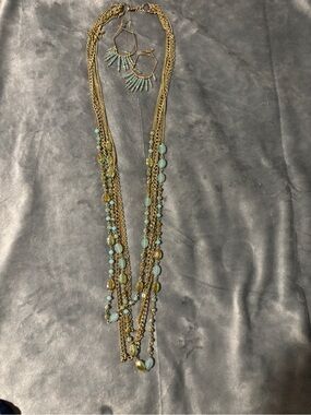 Premier Designs Layered Gold-Tone Necklace and Turquoise Bead Earrings Set